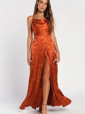 Simply Dreamy Rust Orange Satin Floral Jacquard Maxi Dress